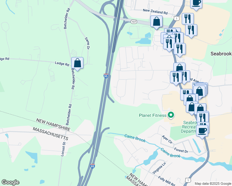 map of restaurants, bars, coffee shops, grocery stores, and more near 3 Whittier Drive in Seabrook