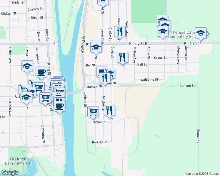 map of restaurants, bars, coffee shops, grocery stores, and more near 171 Durham Street in Port Colborne