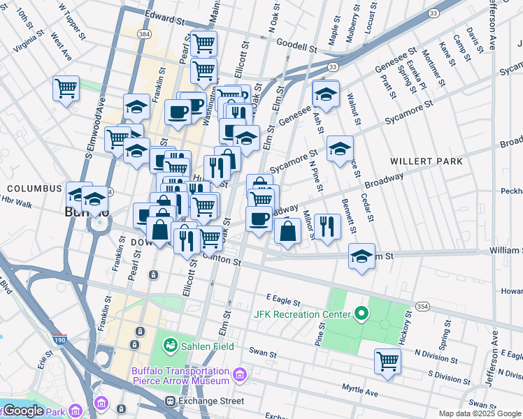 map of restaurants, bars, coffee shops, grocery stores, and more near 140 Broadway in Buffalo