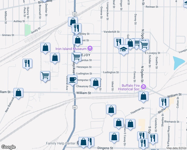 map of restaurants, bars, coffee shops, grocery stores, and more near 87 Ludington Street in Buffalo