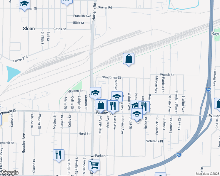 map of restaurants, bars, coffee shops, grocery stores, and more near 78 Mansion Avenue in Buffalo