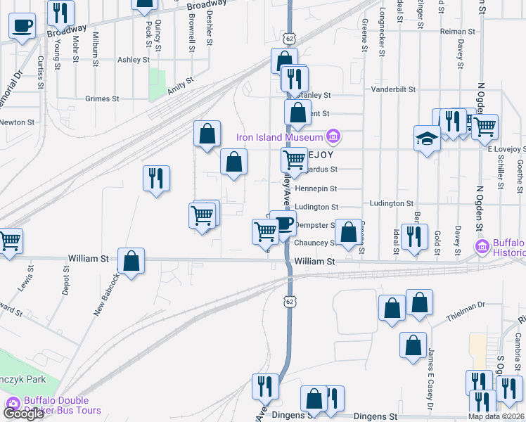 map of restaurants, bars, coffee shops, grocery stores, and more near 64 Central Avenue in Buffalo