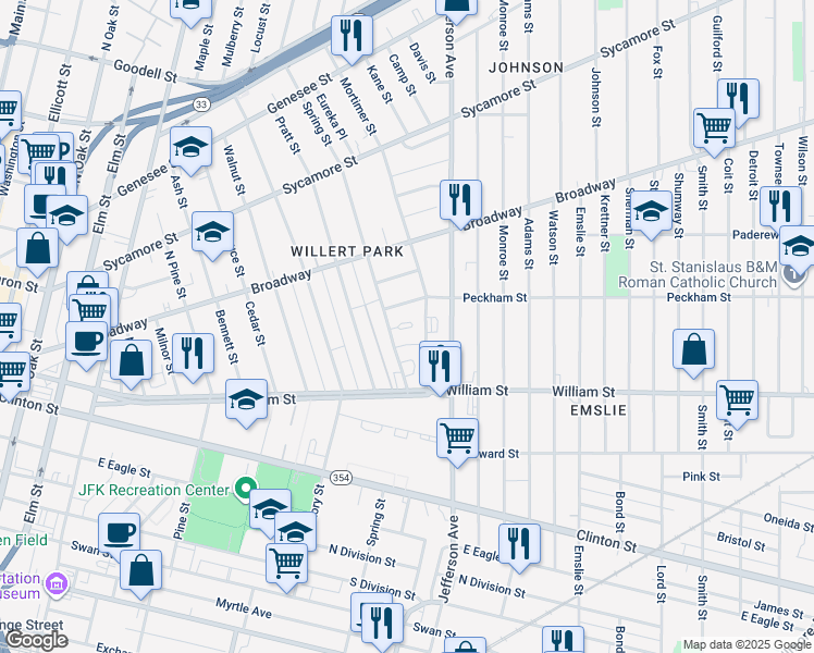 map of restaurants, bars, coffee shops, grocery stores, and more near 43 Mortimer Street in Buffalo