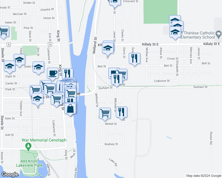 map of restaurants, bars, coffee shops, grocery stores, and more near 292 Fares Street in Port Colborne