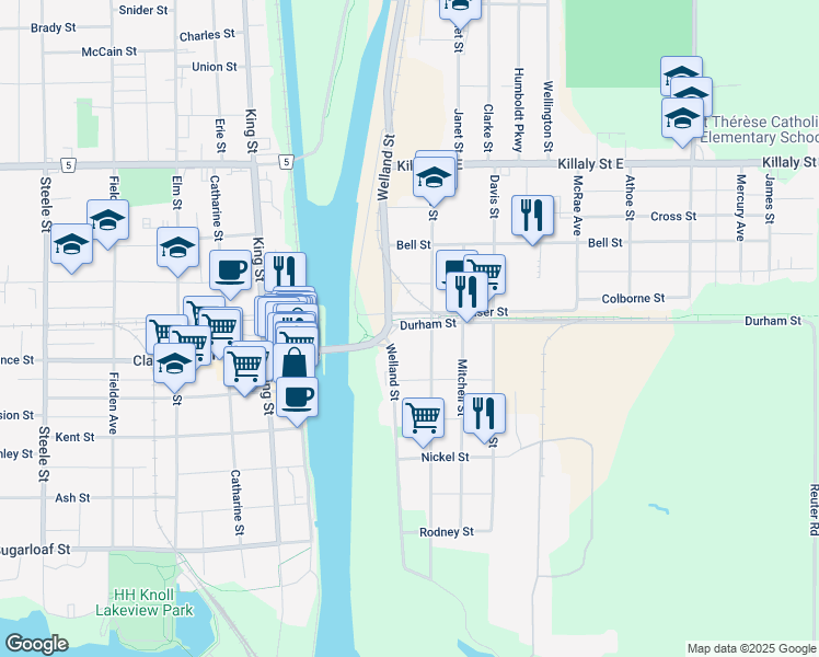 map of restaurants, bars, coffee shops, grocery stores, and more near 292 Fares Street in Port Colborne