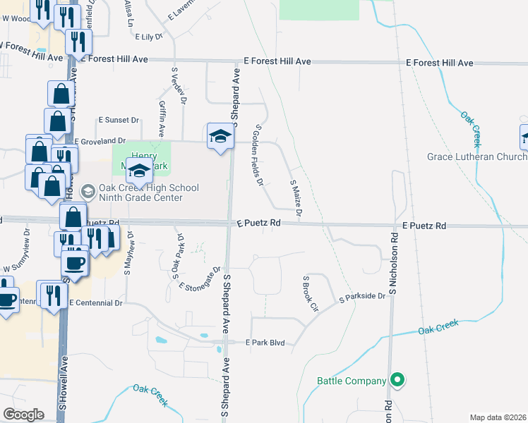 map of restaurants, bars, coffee shops, grocery stores, and more near 919 East Puetz Road in Oak Creek
