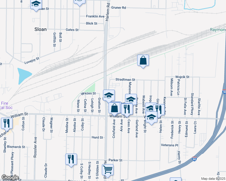 map of restaurants, bars, coffee shops, grocery stores, and more near 77 Linden Street in Buffalo