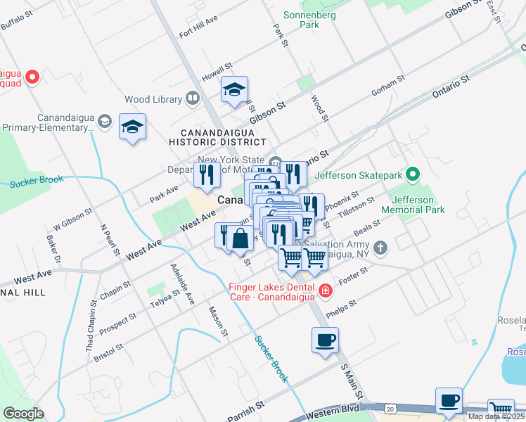 map of restaurants, bars, coffee shops, grocery stores, and more near South Main Street & Chapin Street in Canandaigua