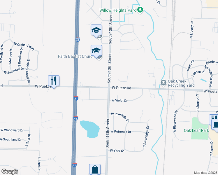 map of restaurants, bars, coffee shops, grocery stores, and more near South 13th Street in Oak Creek