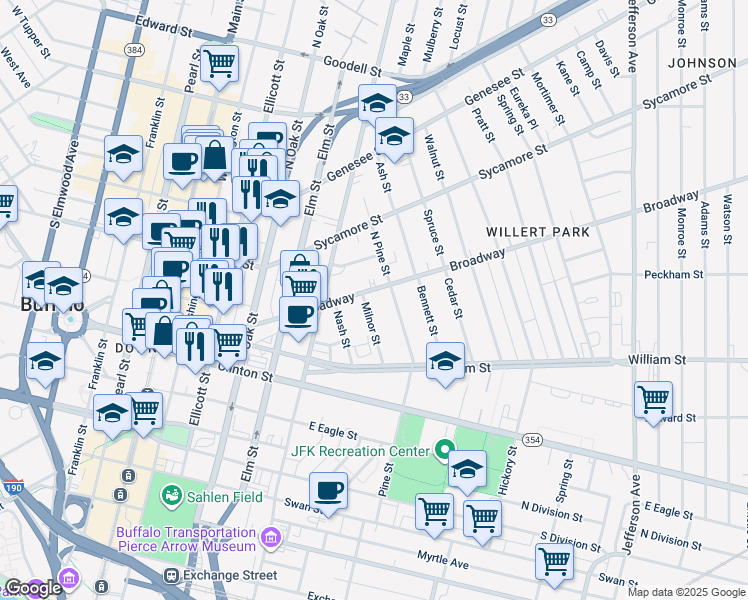 map of restaurants, bars, coffee shops, grocery stores, and more near 65 Milnor Street in Buffalo