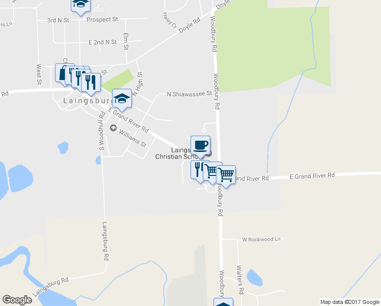 map of restaurants, bars, coffee shops, grocery stores, and more near Laingsburg Road in Laingsburg