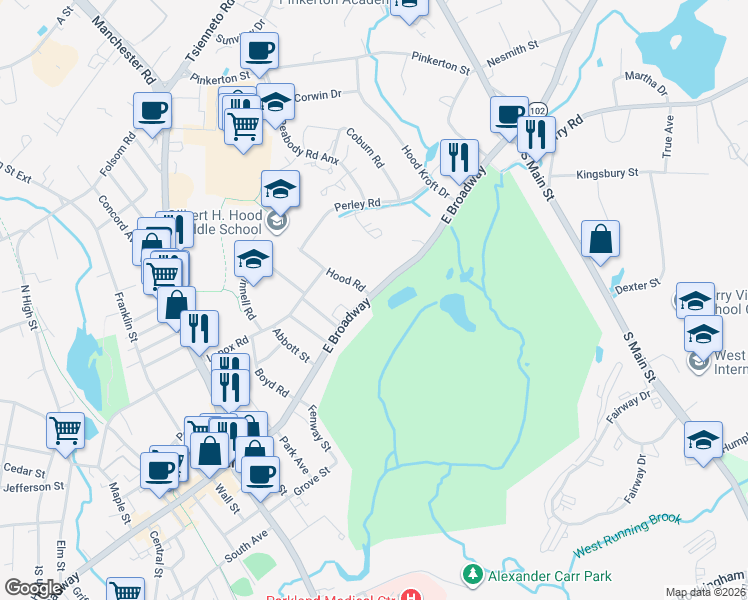 map of restaurants, bars, coffee shops, grocery stores, and more near 101 East Broadway in Derry