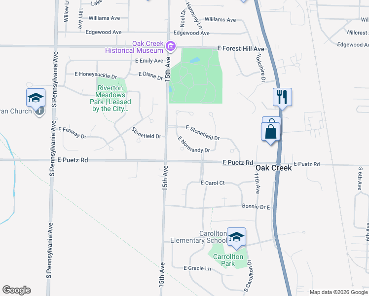 map of restaurants, bars, coffee shops, grocery stores, and more near 3265 Normandy Court in Oak Creek