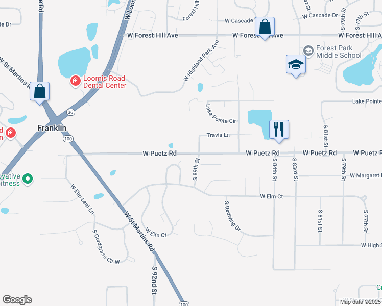 map of restaurants, bars, coffee shops, grocery stores, and more near 9022 West Puetz Road in Franklin