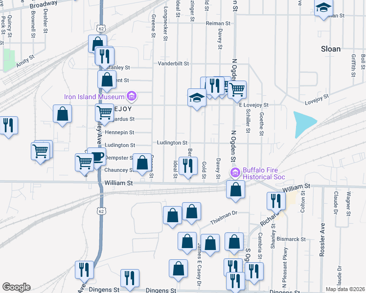 map of restaurants, bars, coffee shops, grocery stores, and more near 61 Ideal Street in Buffalo