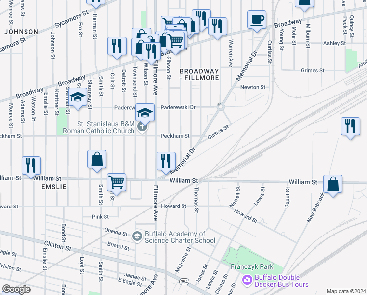 map of restaurants, bars, coffee shops, grocery stores, and more near 68 Memorial Drive in Buffalo