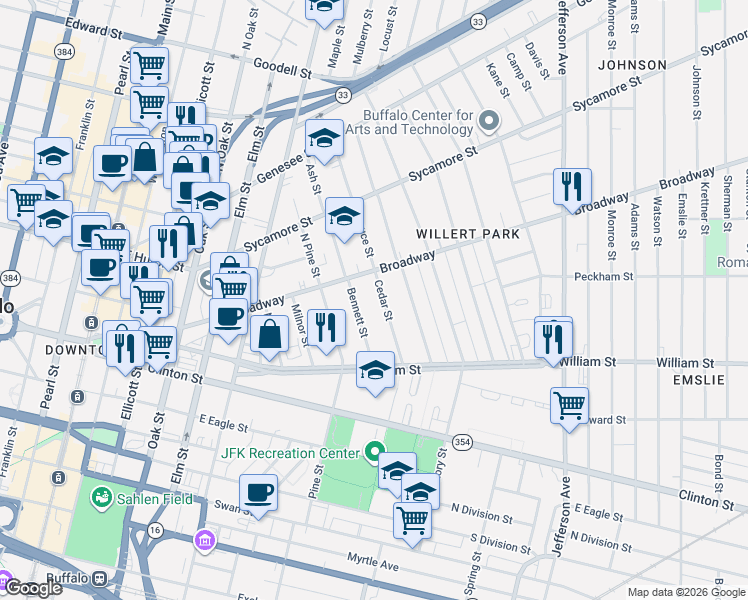map of restaurants, bars, coffee shops, grocery stores, and more near 153 Bennett Street in Buffalo