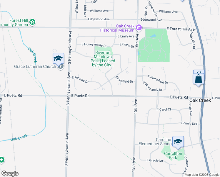 map of restaurants, bars, coffee shops, grocery stores, and more near 12671 South Riverton Road in Oak Creek