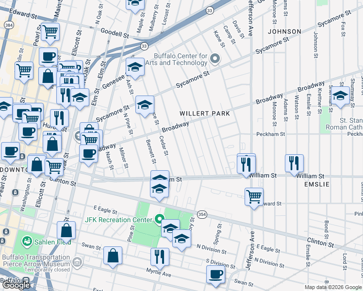 map of restaurants, bars, coffee shops, grocery stores, and more near 137 Archie Street in Buffalo