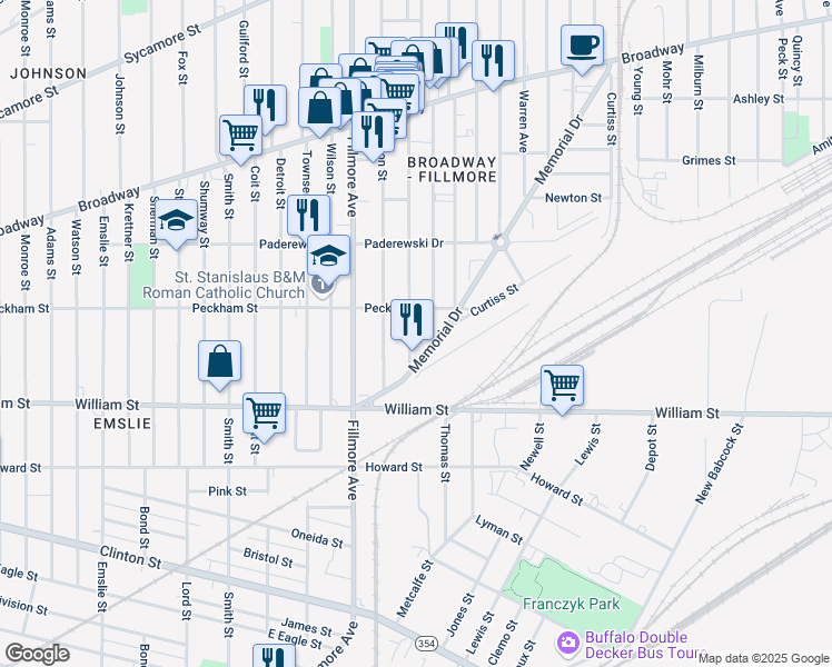map of restaurants, bars, coffee shops, grocery stores, and more near 39 Lombard Street in Buffalo
