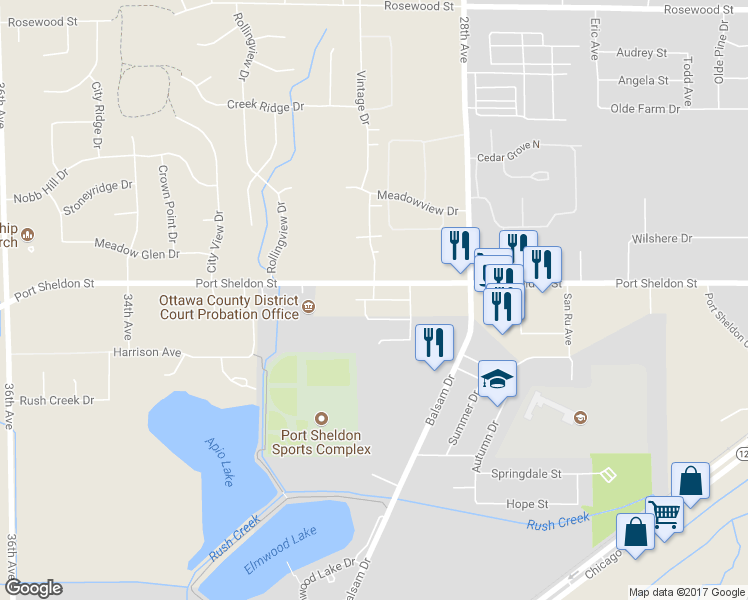 map of restaurants, bars, coffee shops, grocery stores, and more near Pebblestone Drive in Hudsonville