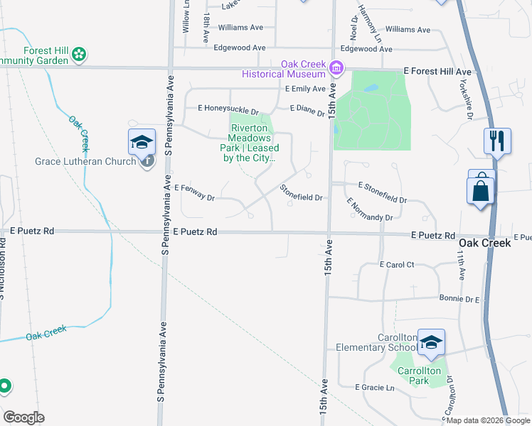 map of restaurants, bars, coffee shops, grocery stores, and more near 12671 South Riverton Road in Oak Creek