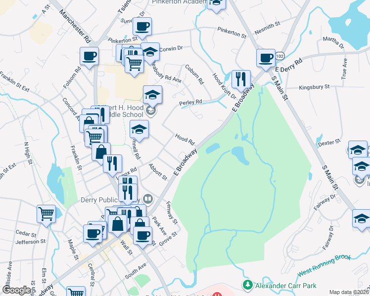 map of restaurants, bars, coffee shops, grocery stores, and more near 92 East Broadway in Derry