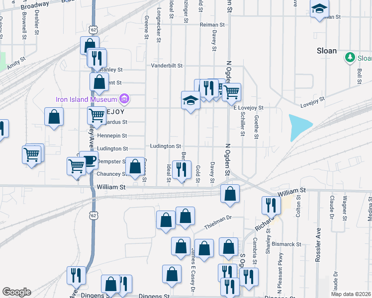 map of restaurants, bars, coffee shops, grocery stores, and more near 64 Gold Street in Buffalo