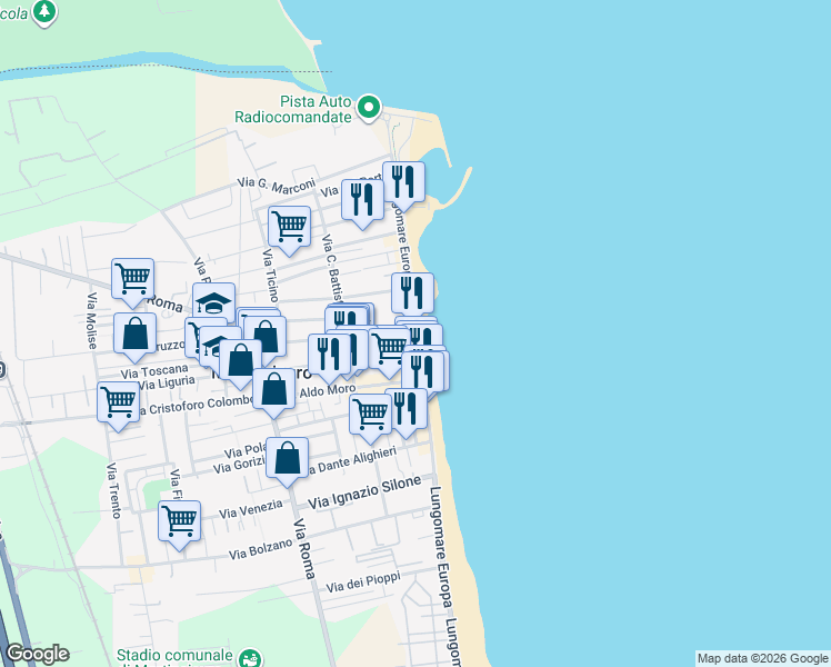 map of restaurants, bars, coffee shops, grocery stores, and more near 52 Lungomare Europa in Martinsicuro