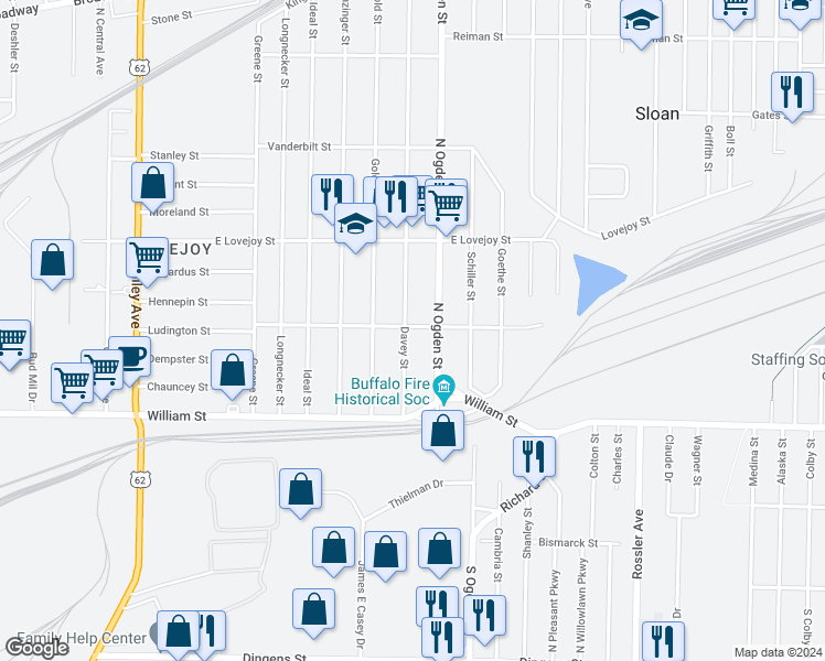 map of restaurants, bars, coffee shops, grocery stores, and more near 283 Ludington Street in Buffalo