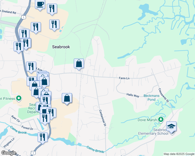 map of restaurants, bars, coffee shops, grocery stores, and more near 135 Centennial Road in Seabrook
