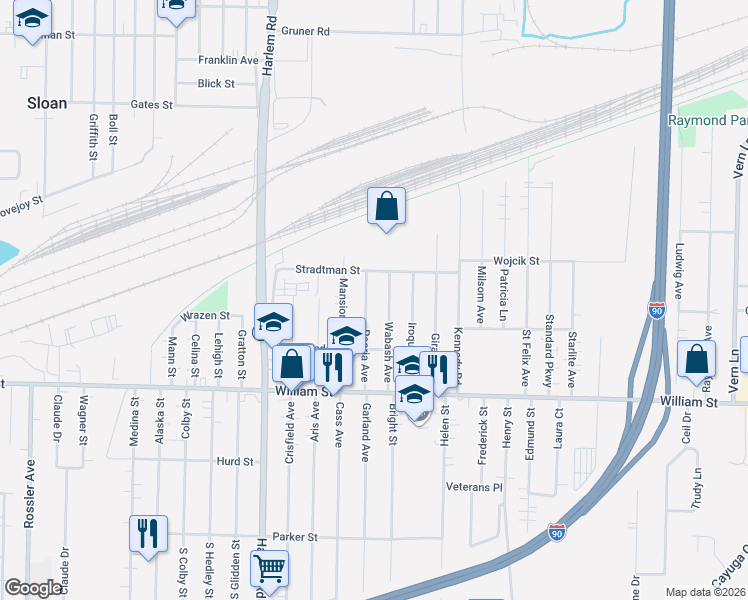 map of restaurants, bars, coffee shops, grocery stores, and more near 75 Peoria Avenue in Cheektowaga