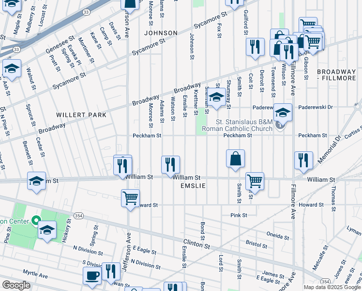 map of restaurants, bars, coffee shops, grocery stores, and more near 364 Emslie Street in Buffalo