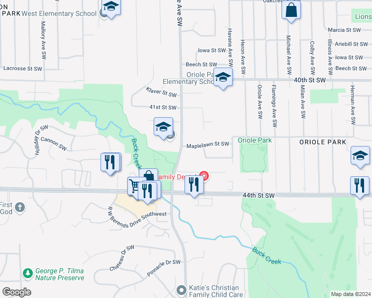 map of restaurants, bars, coffee shops, grocery stores, and more near 4262 Burlingame Avenue Southwest in Grand Rapids