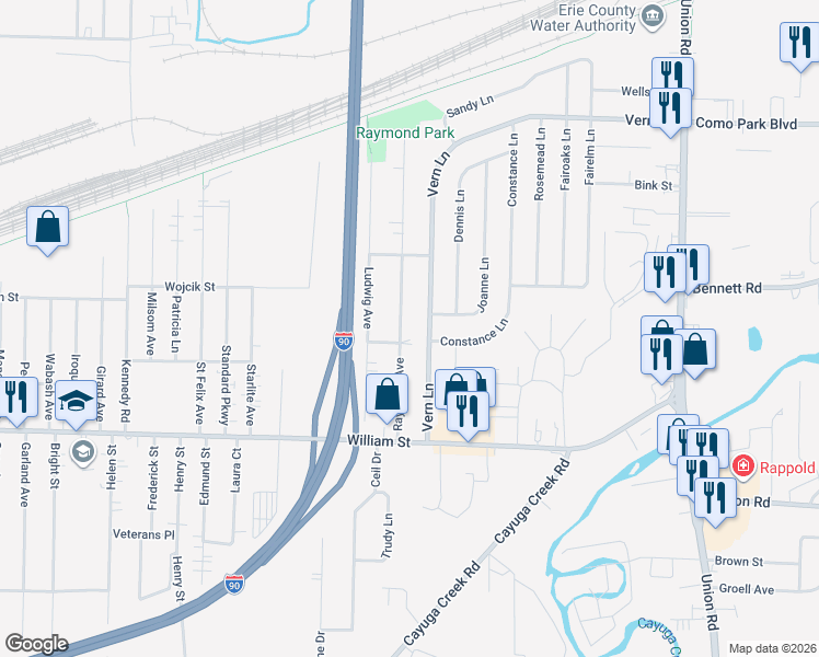 map of restaurants, bars, coffee shops, grocery stores, and more near 91 Raymond Avenue in Buffalo