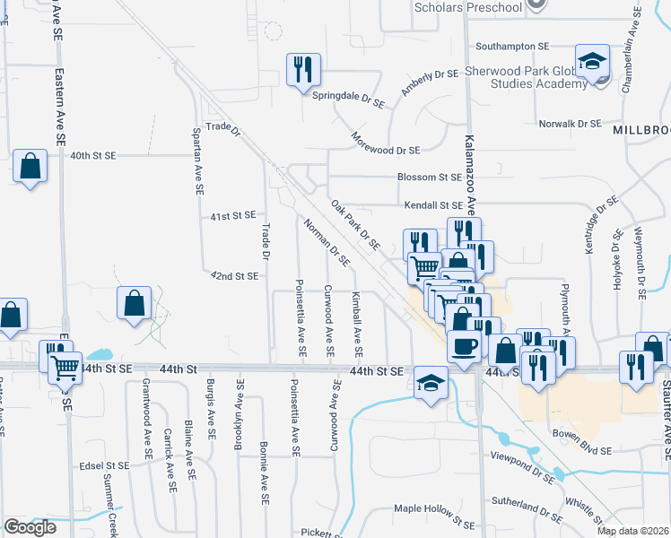 map of restaurants, bars, coffee shops, grocery stores, and more near 1265 Langley Street Southeast in Grand Rapids