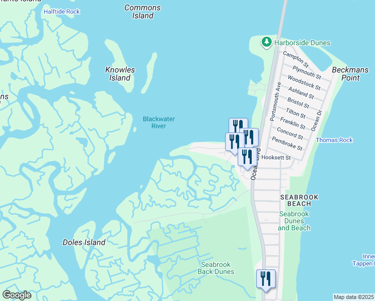 map of restaurants, bars, coffee shops, grocery stores, and more near 27 River Street in Seabrook