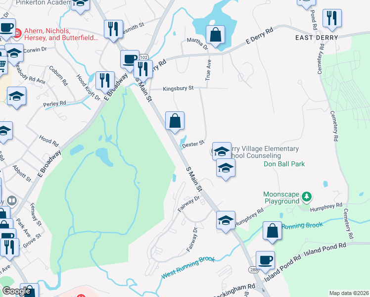 map of restaurants, bars, coffee shops, grocery stores, and more near 30 Dexter Street in Derry