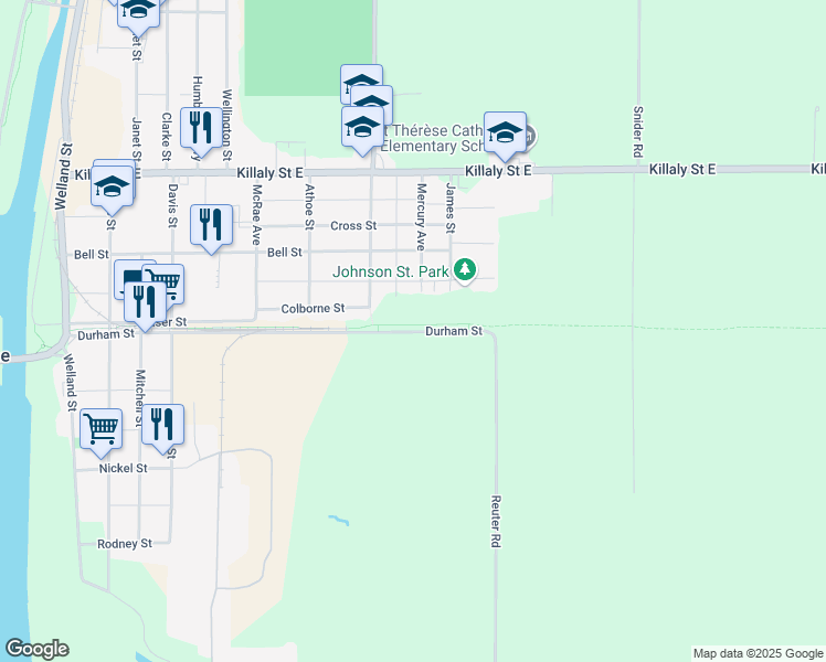 map of restaurants, bars, coffee shops, grocery stores, and more near 167 Durham Street in Port Colborne