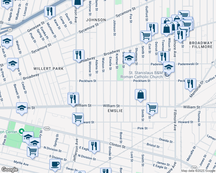 map of restaurants, bars, coffee shops, grocery stores, and more near 364 Emslie Street in Buffalo