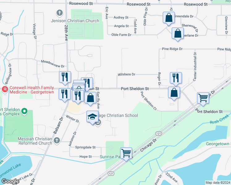 map of restaurants, bars, coffee shops, grocery stores, and more near 2548 Port Sheldon Street in Georgetown Township