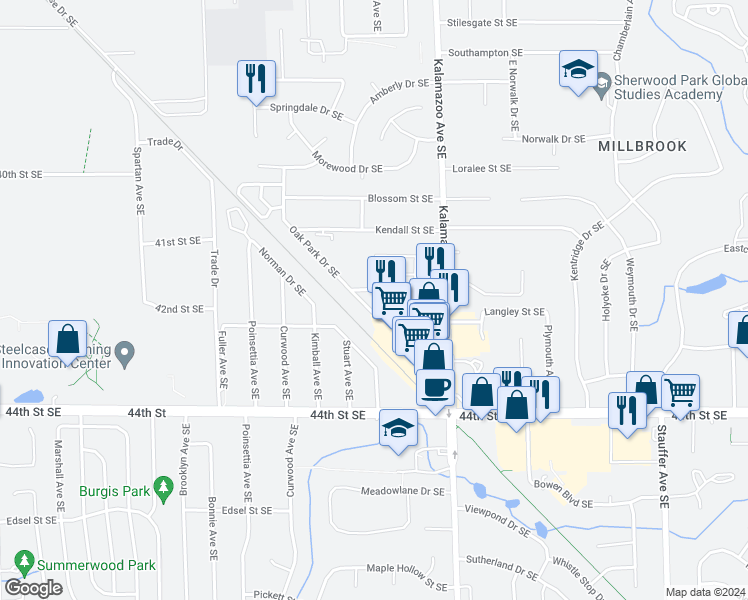 map of restaurants, bars, coffee shops, grocery stores, and more near 1456 42nd Street Southeast in Grand Rapids