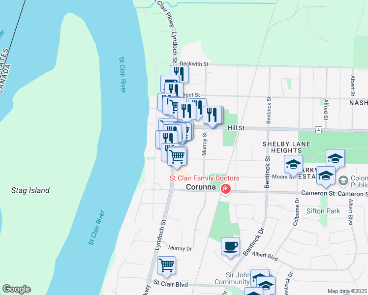 map of restaurants, bars, coffee shops, grocery stores, and more near 420 Lyndoch Street in Corunna