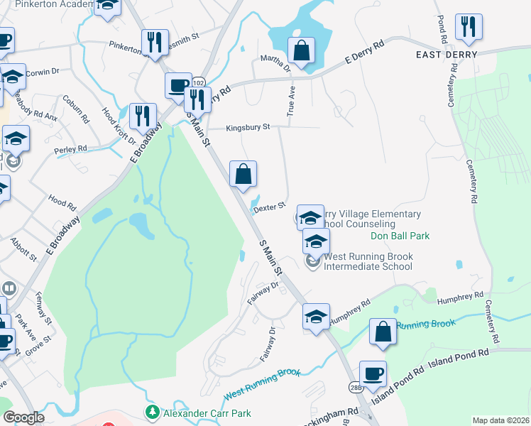 map of restaurants, bars, coffee shops, grocery stores, and more near 23 Dexter Street in Derry