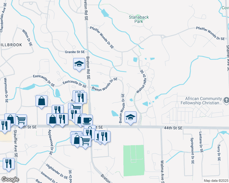 map of restaurants, bars, coffee shops, grocery stores, and more near 2500 Breton Woods Drive Southeast in Kentwood