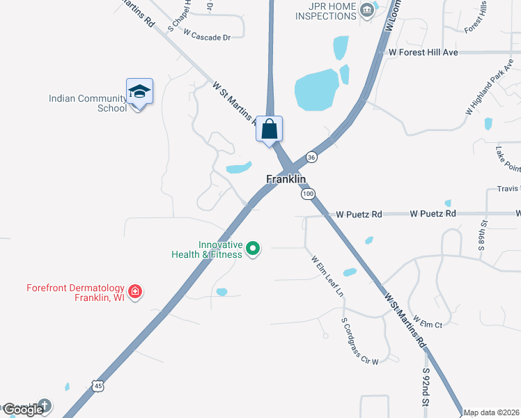 map of restaurants, bars, coffee shops, grocery stores, and more near 10031 Wisconsin 36 in Franklin