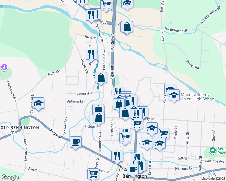map of restaurants, bars, coffee shops, grocery stores, and more near 344 North Street in Bennington