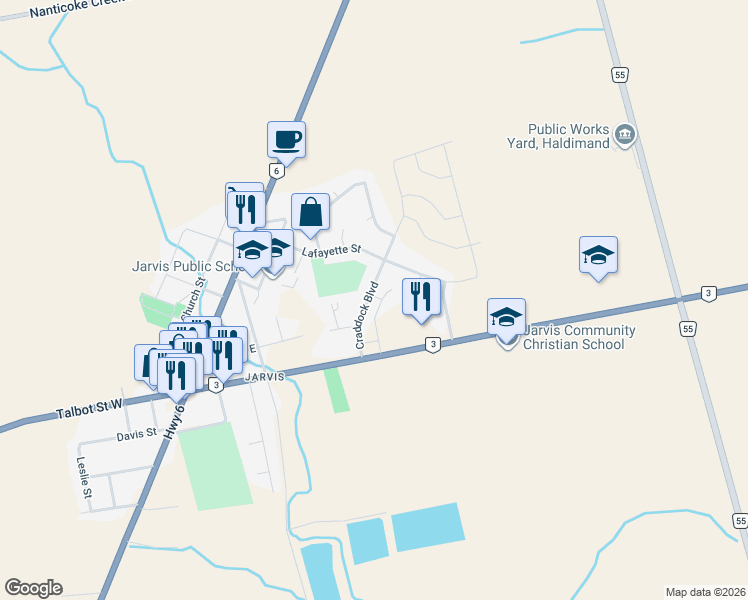 map of restaurants, bars, coffee shops, grocery stores, and more near 24 Craddock Boulevard in Haldimand