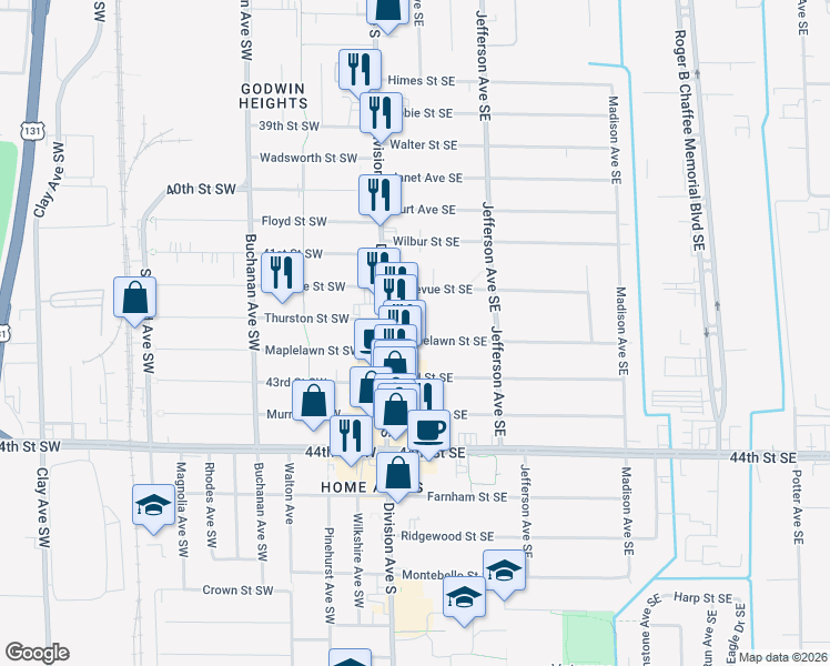 map of restaurants, bars, coffee shops, grocery stores, and more near 28 Bellevue Street Southeast in Grand Rapids