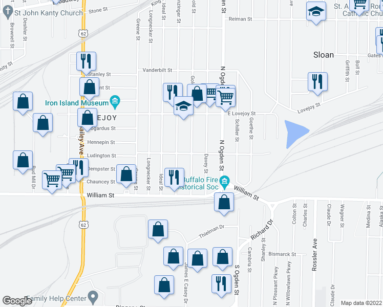 map of restaurants, bars, coffee shops, grocery stores, and more near Ludington Street & Gold Street in Buffalo